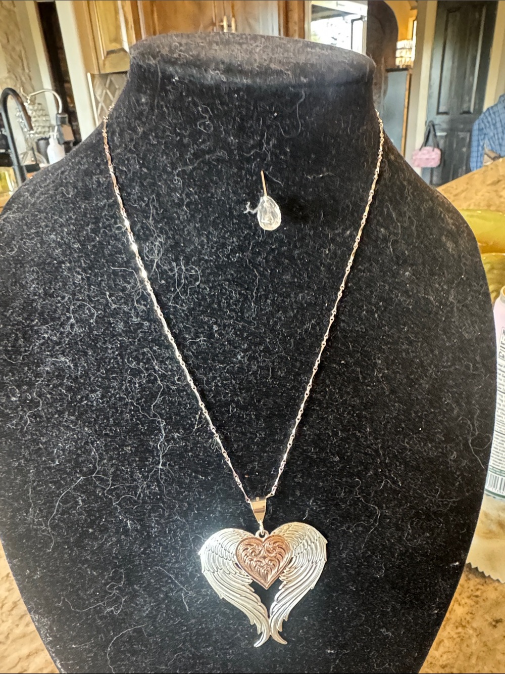 Two-Tone Angel Wing Heart Pendant Necklace - Silver & Rose Gold
